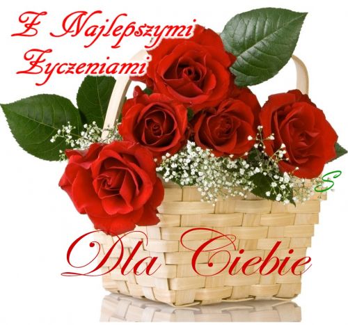 Czerwone róże w koszyczku z życzeniami na dzień kobiet